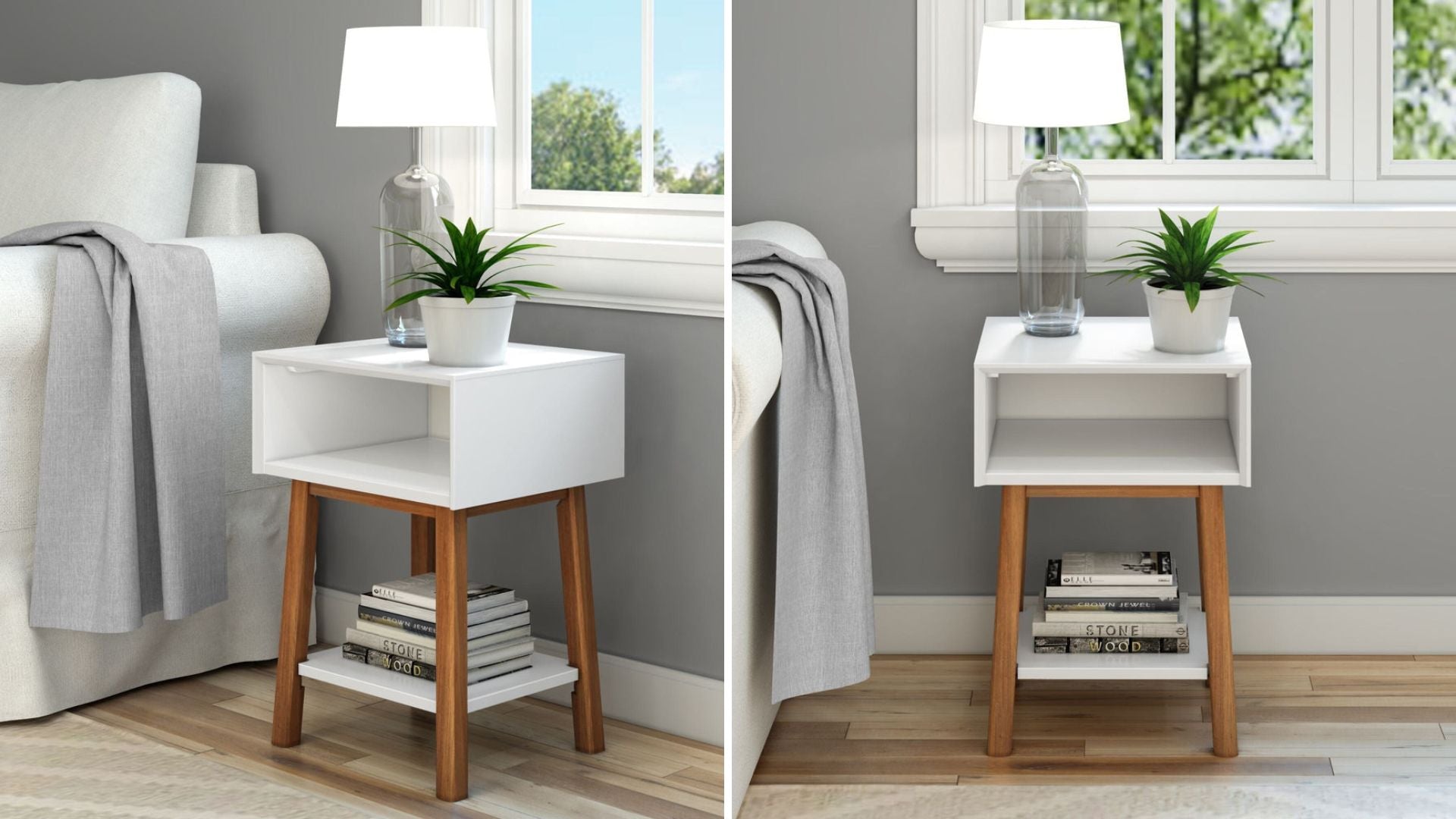 Mid-century modern side table with lamp and plant