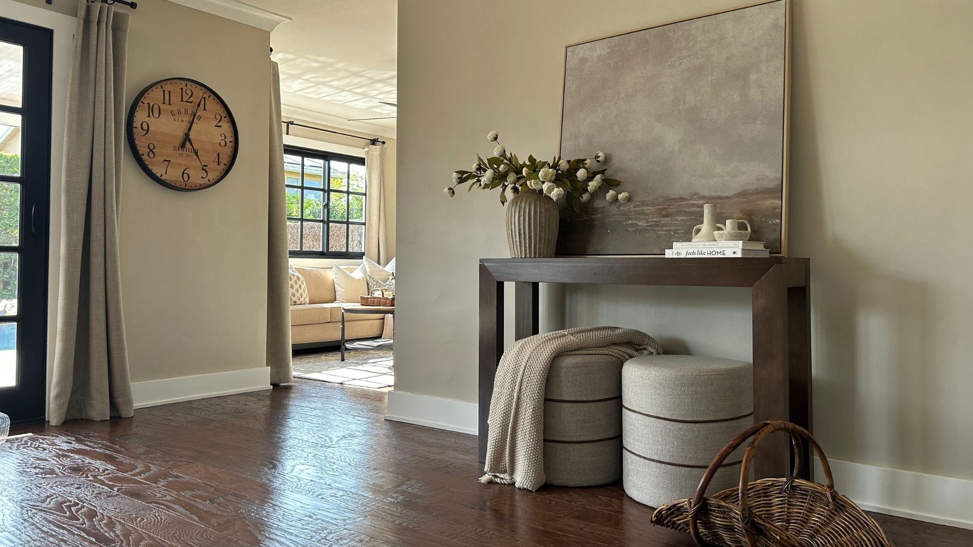 Solid wood console table with two ottomans underneath