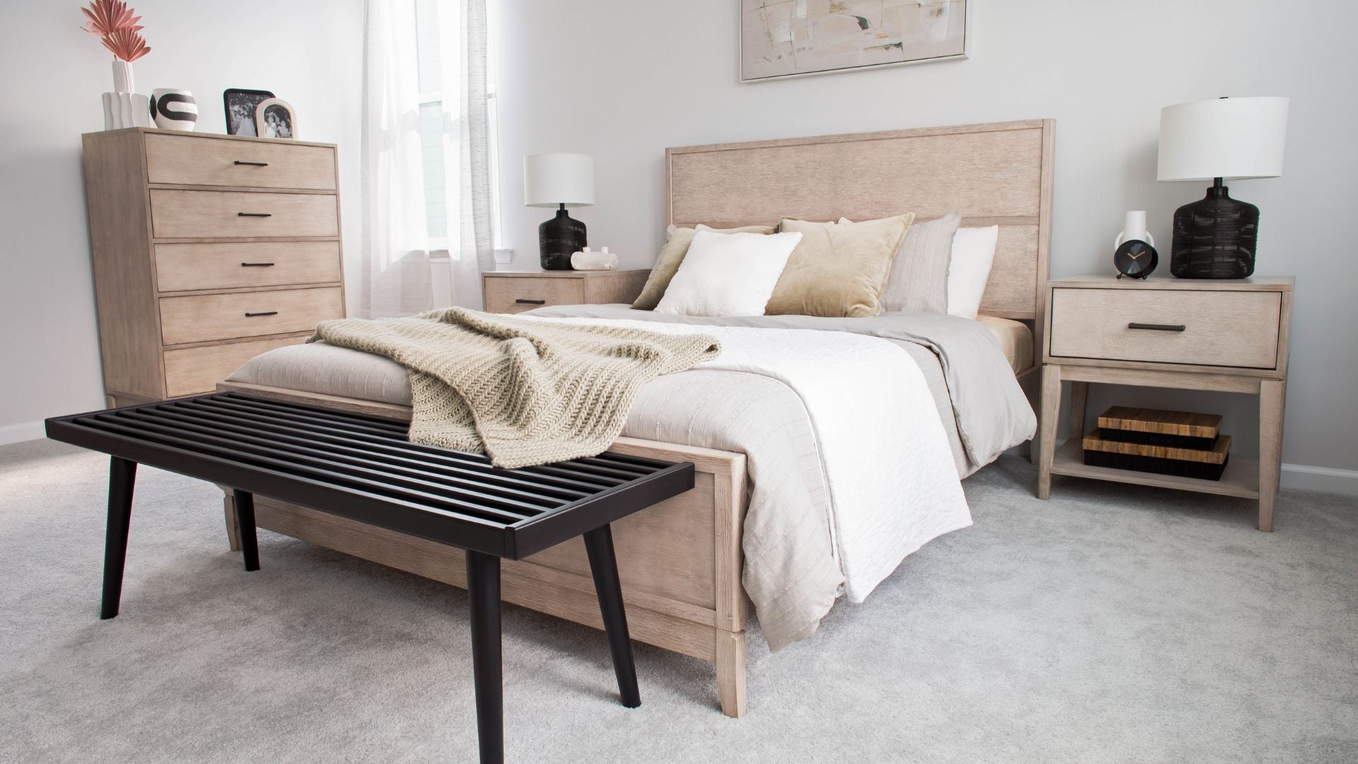 Black bedroom bench and solid wood contemporary bedroom set with two nightstands and dresser in seashell