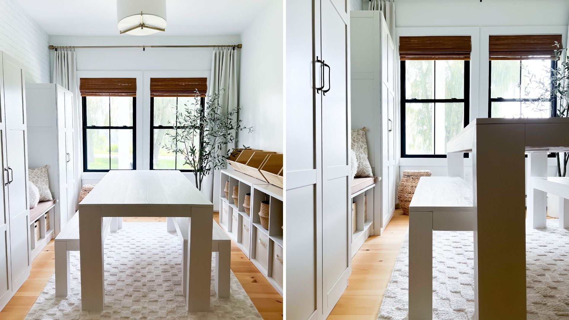 Solid wood dining room set with solid wood white dining table and solid wood white dining benches with checkered rug, cabinets, and cubbies
