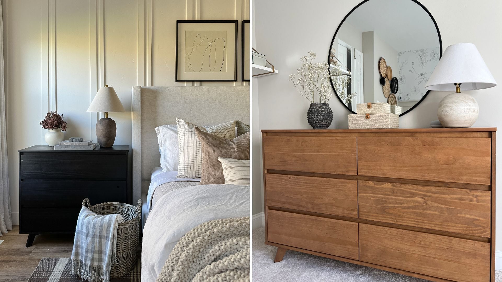 Solid wood modern 3-drawer dresser in black and solid wood modern 6-drawer dresser in pecan