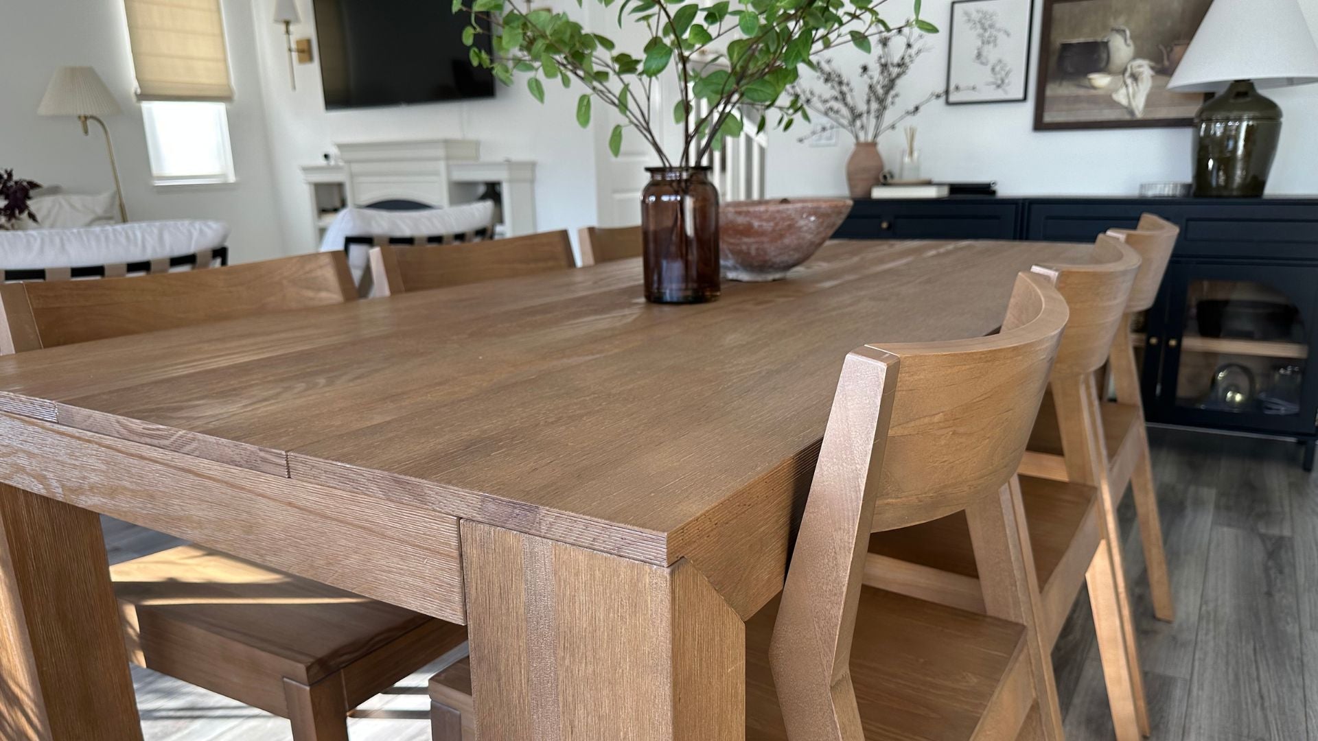 Solid wood dining table in pecan with solid wood dining chairs in pecan