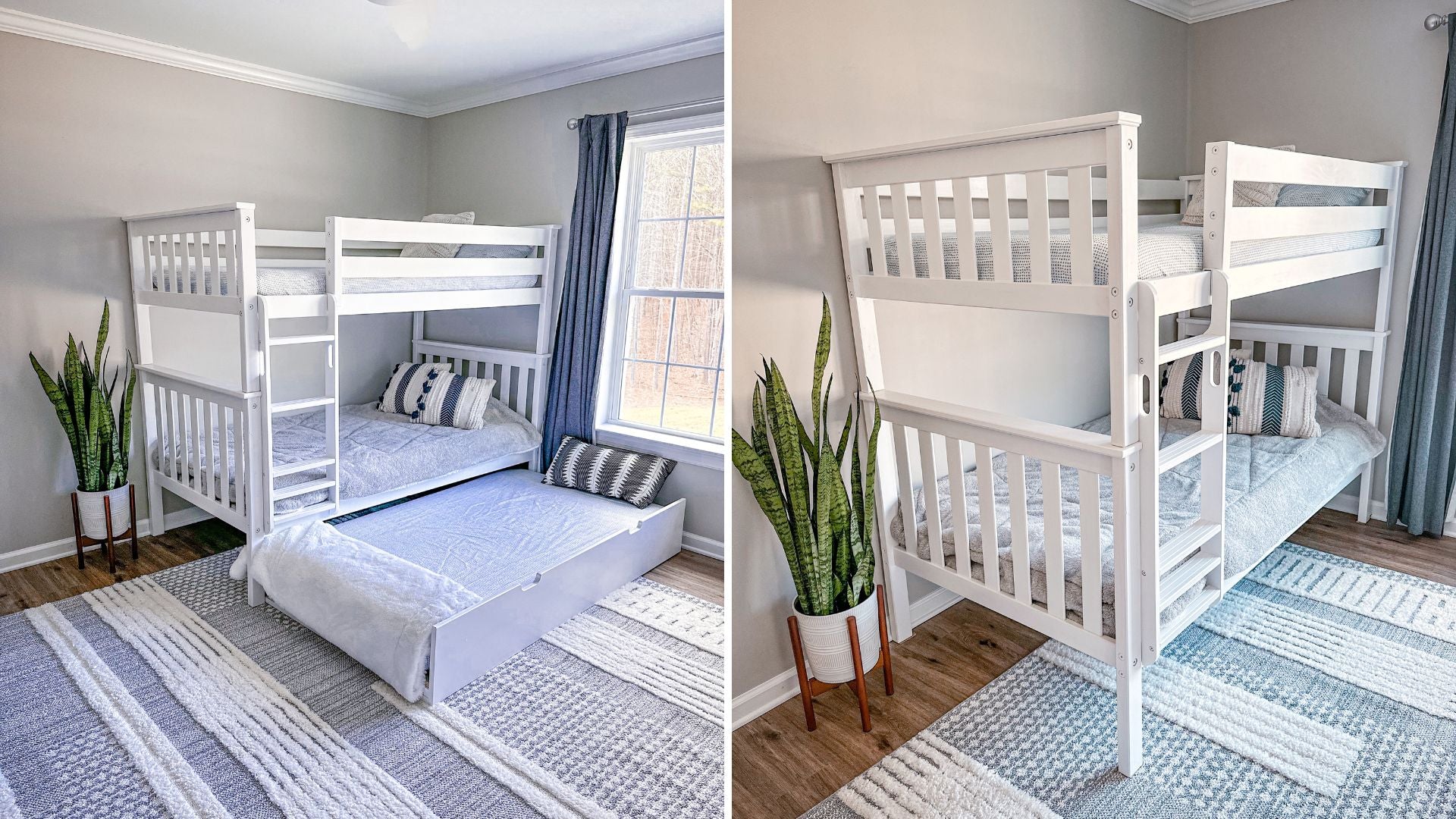 Solid wood bunk bed with trundle bed in white with blue bedding, blue rug, and plant